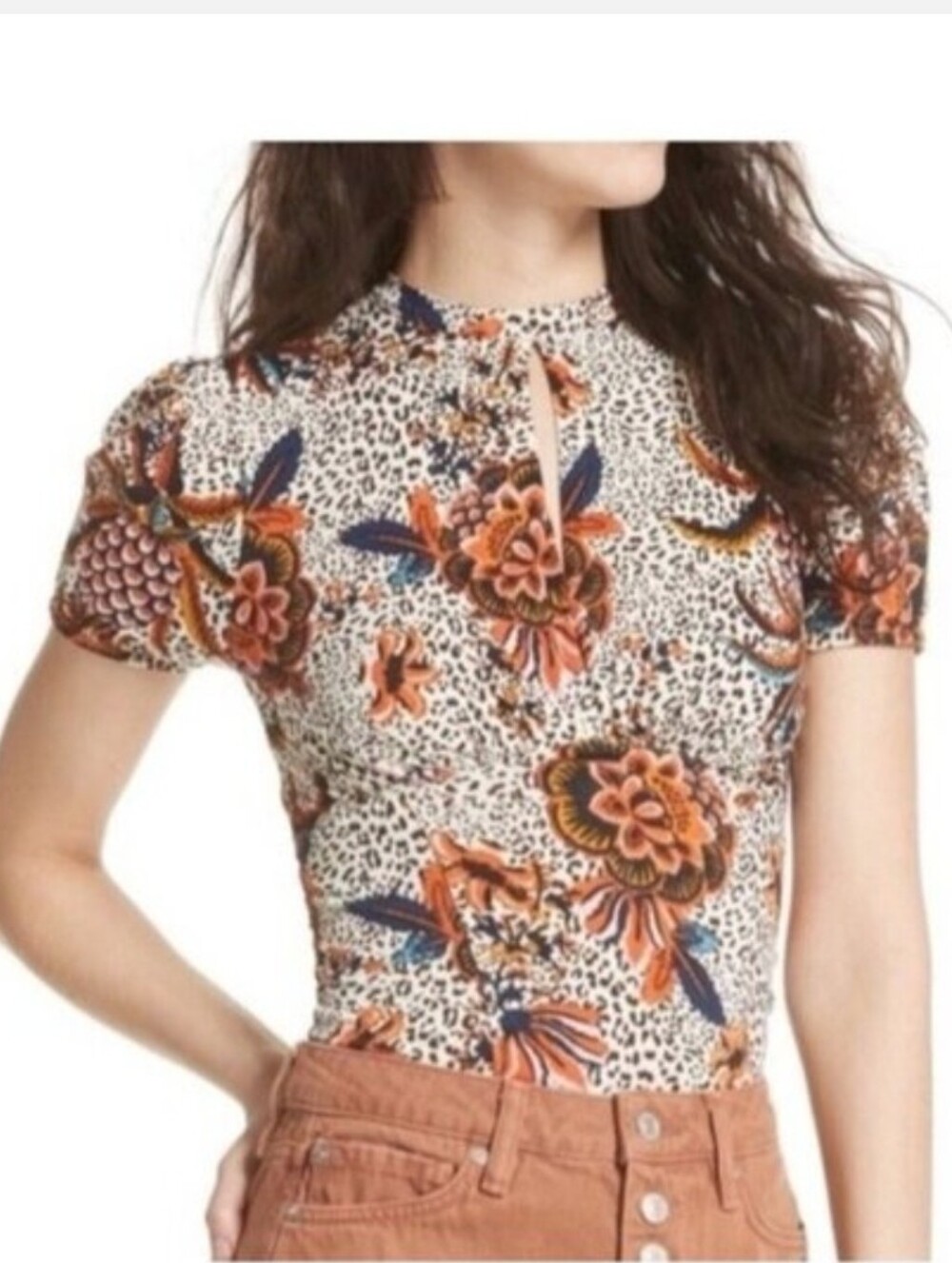 Free People Keyhole Top - Unique Flower Print On Animal Print Background